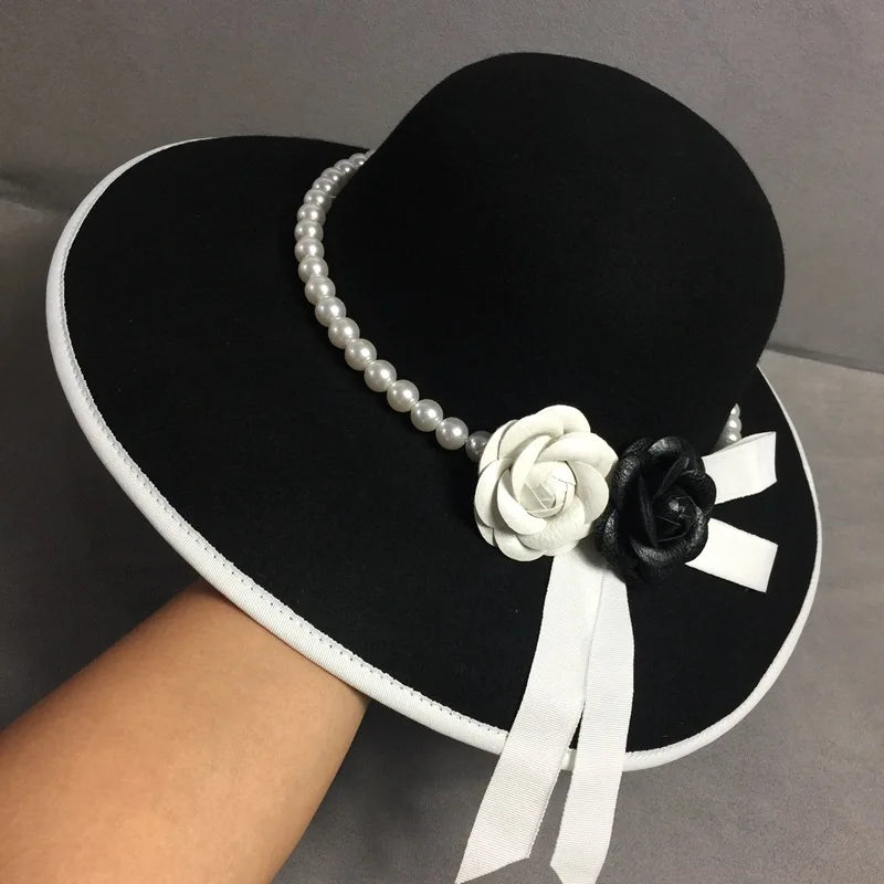 Formal Wide Brim White Black Flower Fedora Hat Pearls Band 100% Wool Felt Floppy Ladies Wedding Church Hat Porkpie Trilby Hat