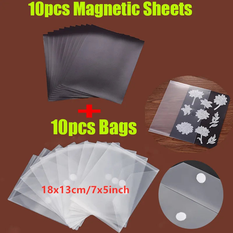 20pcs/set 7x5inch 0.3mm Magnetic Sheets And Plastic Folder Bags Set For Storage Cutting Dies Stamps Organizer Transparent Bags