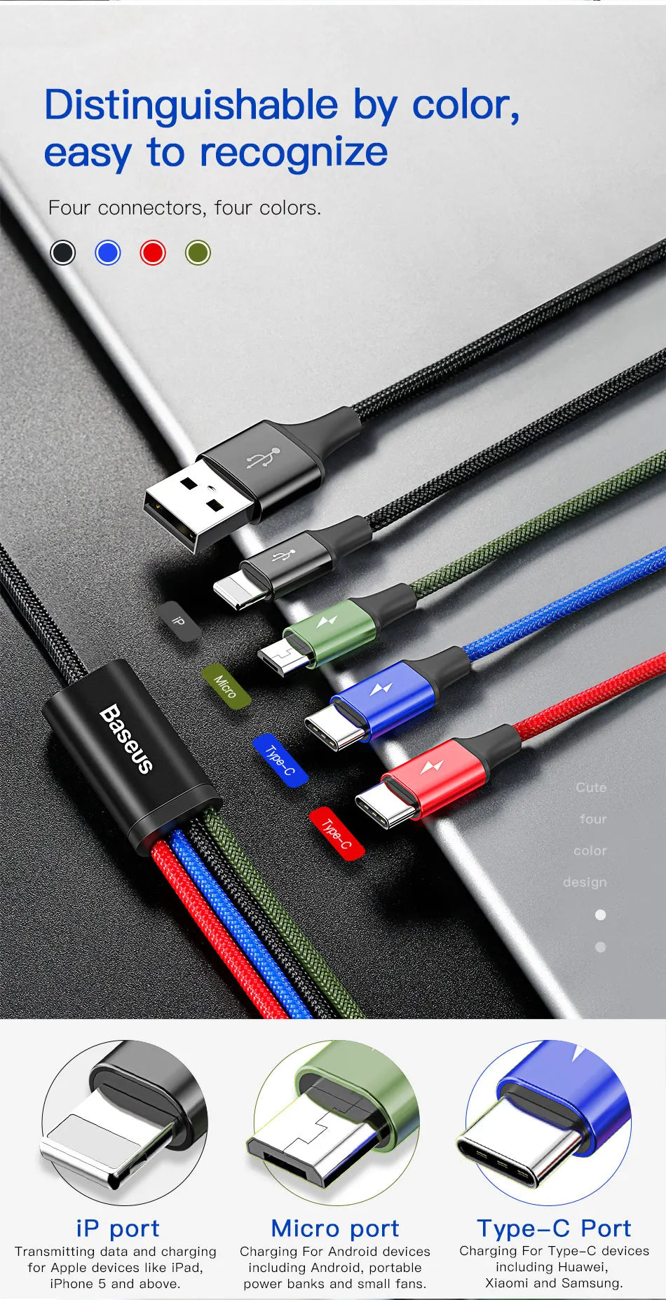 Baseus 4 in 1 USB Cable Type C Cable for Samsung S20 Xiaomi Mi 9 Cable for iPhone 12 X 11 Pro Max Huawei Charger Micro USB Cable