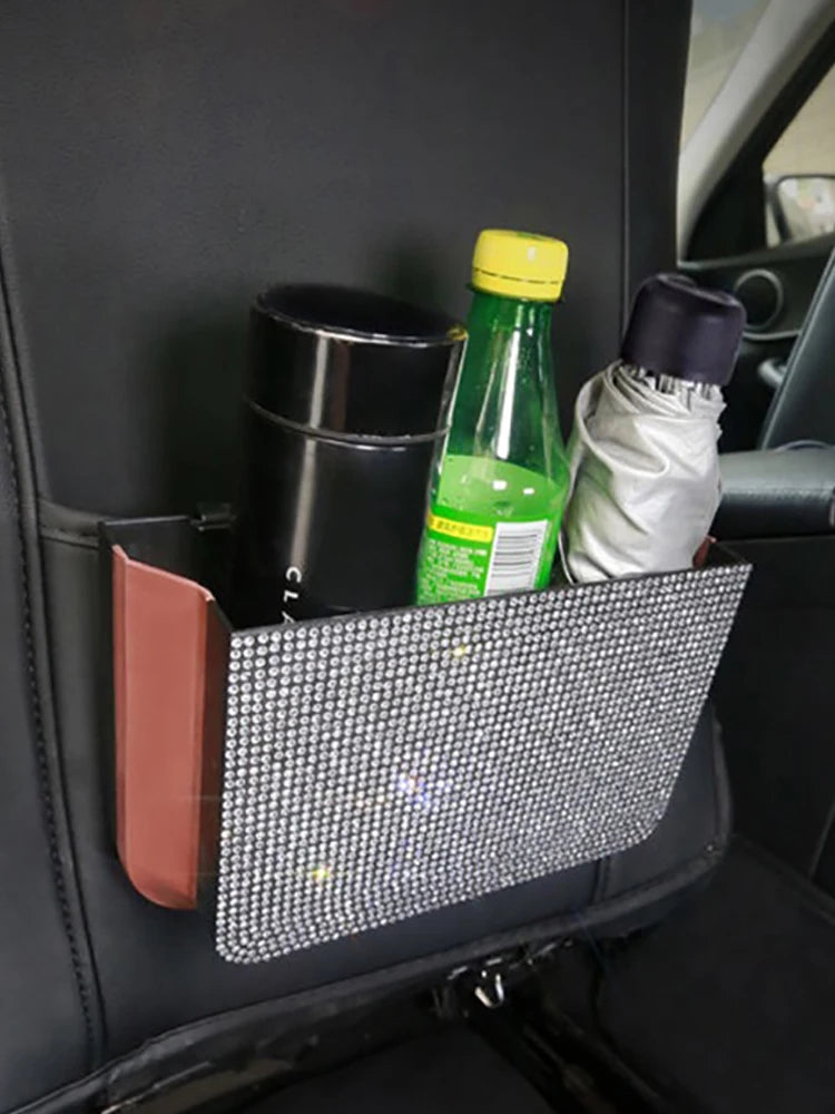 Crystal Bling Car Storage Bag Box Seat Back Organizer Box Backseat Holder Multi-Pockets Container Car Stowing Tidy Trash Bin