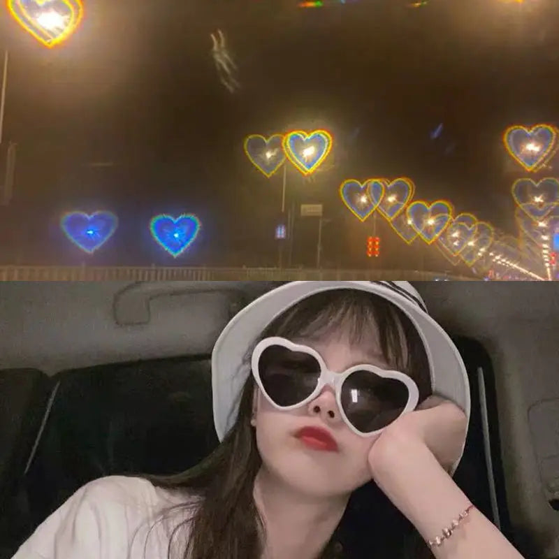 Love Heart Shaped Effects Glasses Watch The Lights Change to Heart Shape At Night Diffraction Glasses Women Fashion Sunglasses