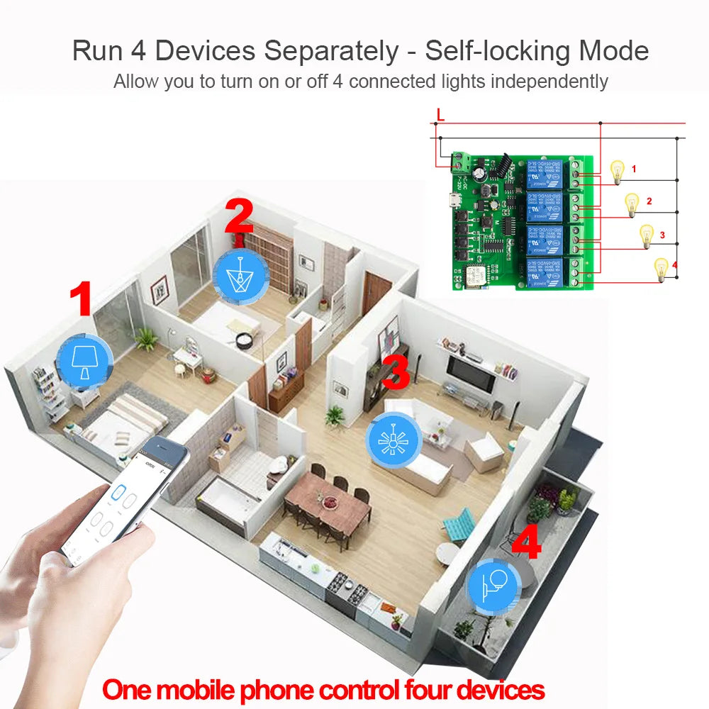 Tuya Smart 4 Channel WiFi RF Momentary Inching Relay Self-Lock Switch Module,DIY WiFi Garage Door Controller, Alexa Google Home