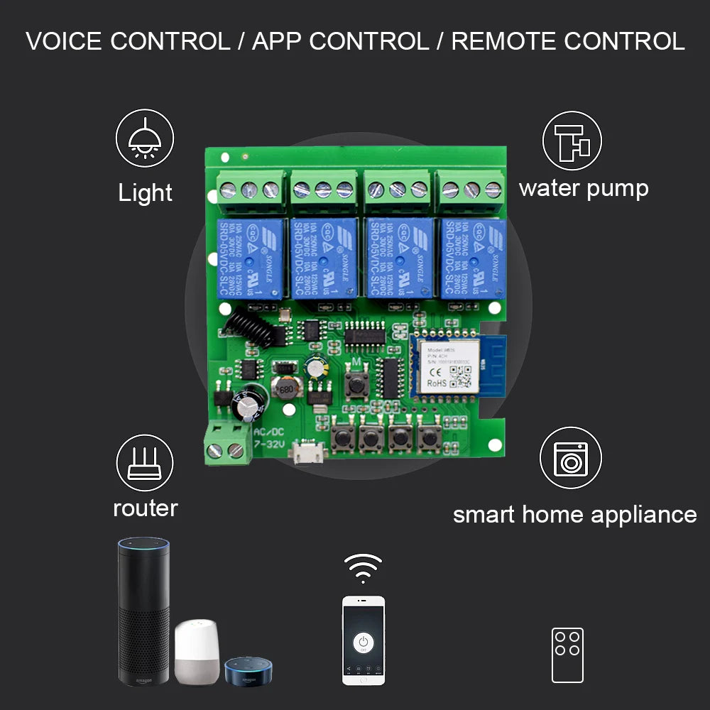 Tuya Smart 4 Channel WiFi RF Momentary Inching Relay Self-Lock Switch Module,DIY WiFi Garage Door Controller, Alexa Google Home