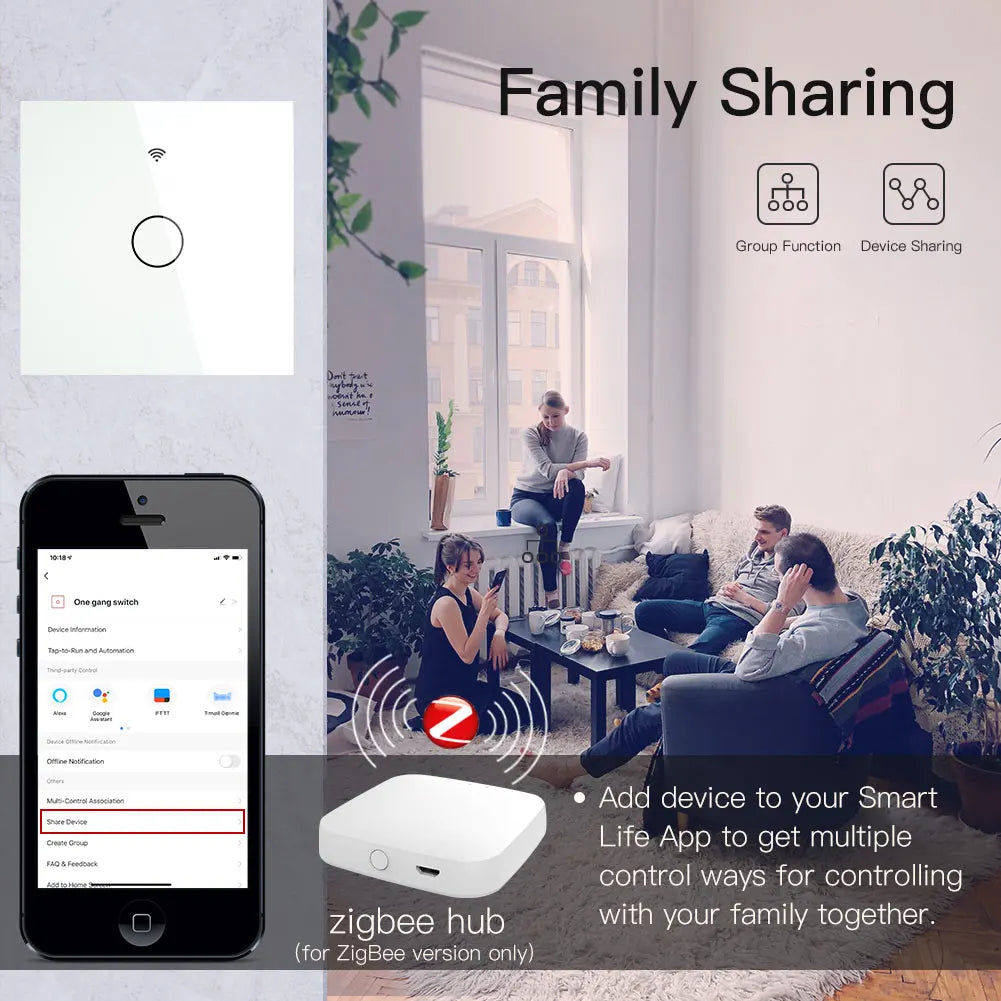 ZigBee Wall Touch Smart Light Switch With Neutral/No Neutral ,No Capacitor Smart Life/Tuya Works with Alexa,Google Hub Required