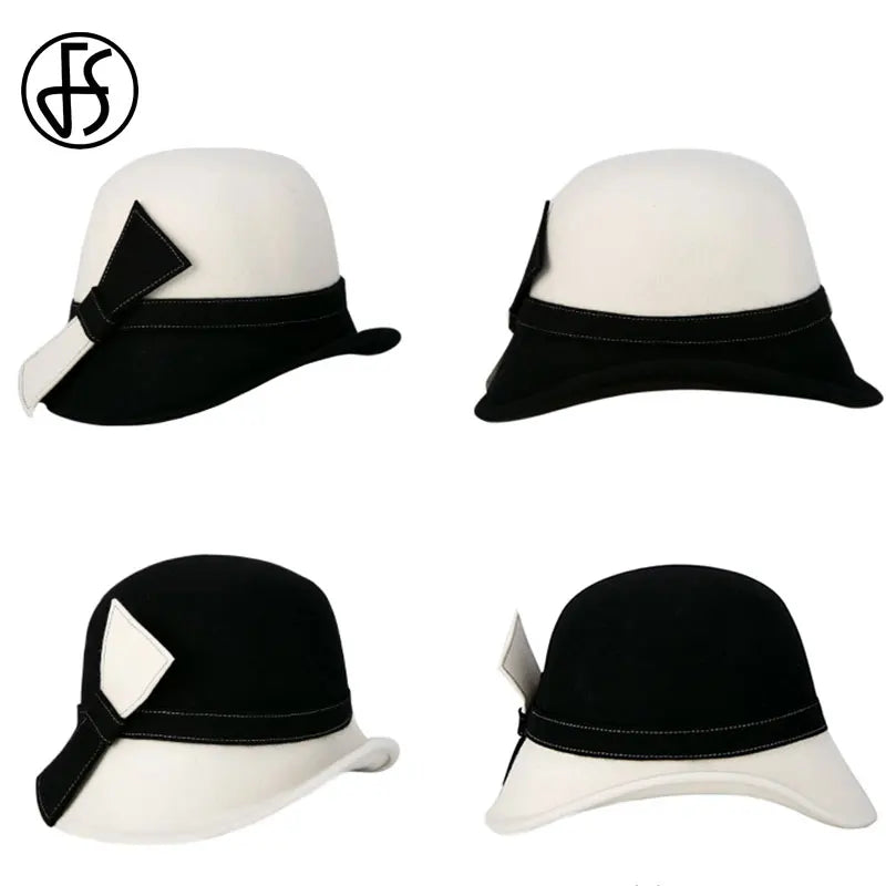 FS Wide Brim White Wool Felt Hats Bow Bowler Fedora Hat For Women Femme Tea Party Dress Cloche Ladies Church Fedoras Caps Hat