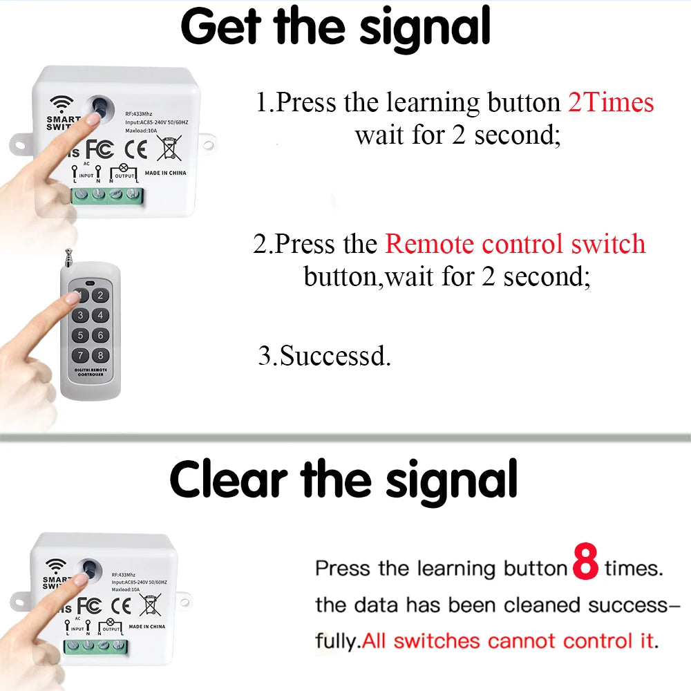 Mini Wireless Smart Light Switch with Remote Control 200M Distance 433 Mhz RF Relay Receiver Ac220V Switch for Home Led Lamp Fan