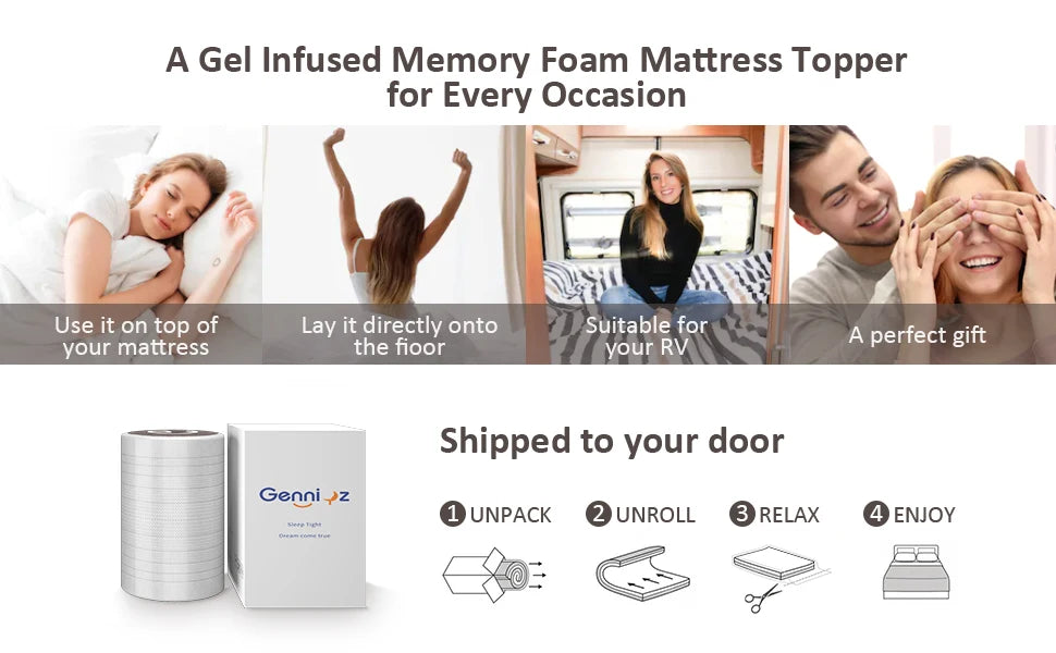 Premium Memory Foam Mattress Toppers with Zipper Bamboo Cover Soft Gel Foam Bed King Queen Twin FUll Size Mattress Help Sleep