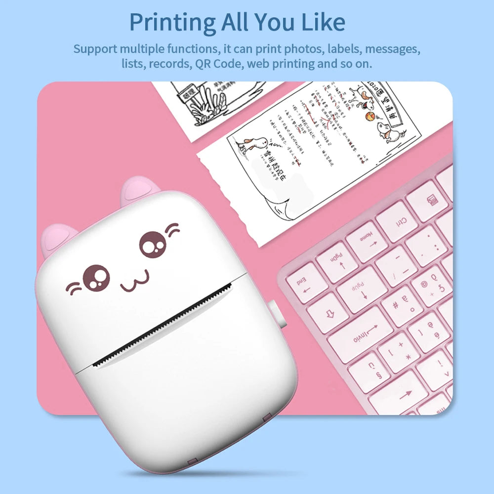 58mm Mini Portable Thermal Printer Cat Shapes Lightweight Wireless Photo Label Memo Wrong Question Printing USB Cable Printer