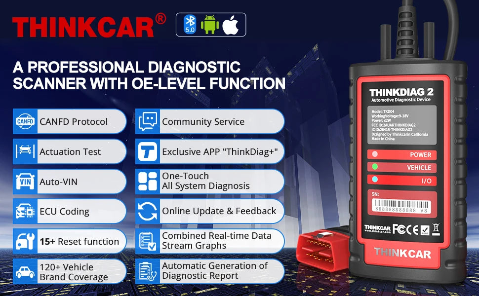 THINKCAR THINKDIAG 2 Car OBD2 Scanner Code Reader Full System 16 Resets CAN FD ECU Coding Auto Professional diagnostic tools