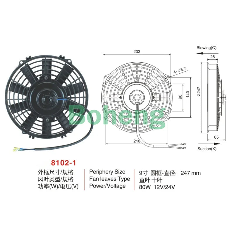 Automobile air conditioner cooling electronic fan,condenser fan 8,9,10,12,14 inches,80W  12v/24V