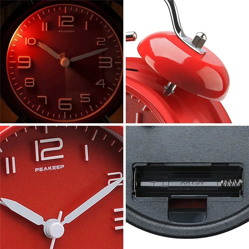 4 Inch Twin Bell Loud Alarm Clock Metal Frame 3D Dial with Backlight Battery Operate Desk Table Alarm Clock For Home and Office