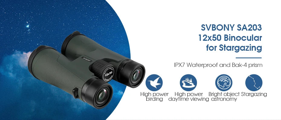 SVBONY Telescope SA203 12x50 Binoculars Professional Powerful BAK4 IPX7 Waterproof Camping Equipment for Birdwatching Stargazing