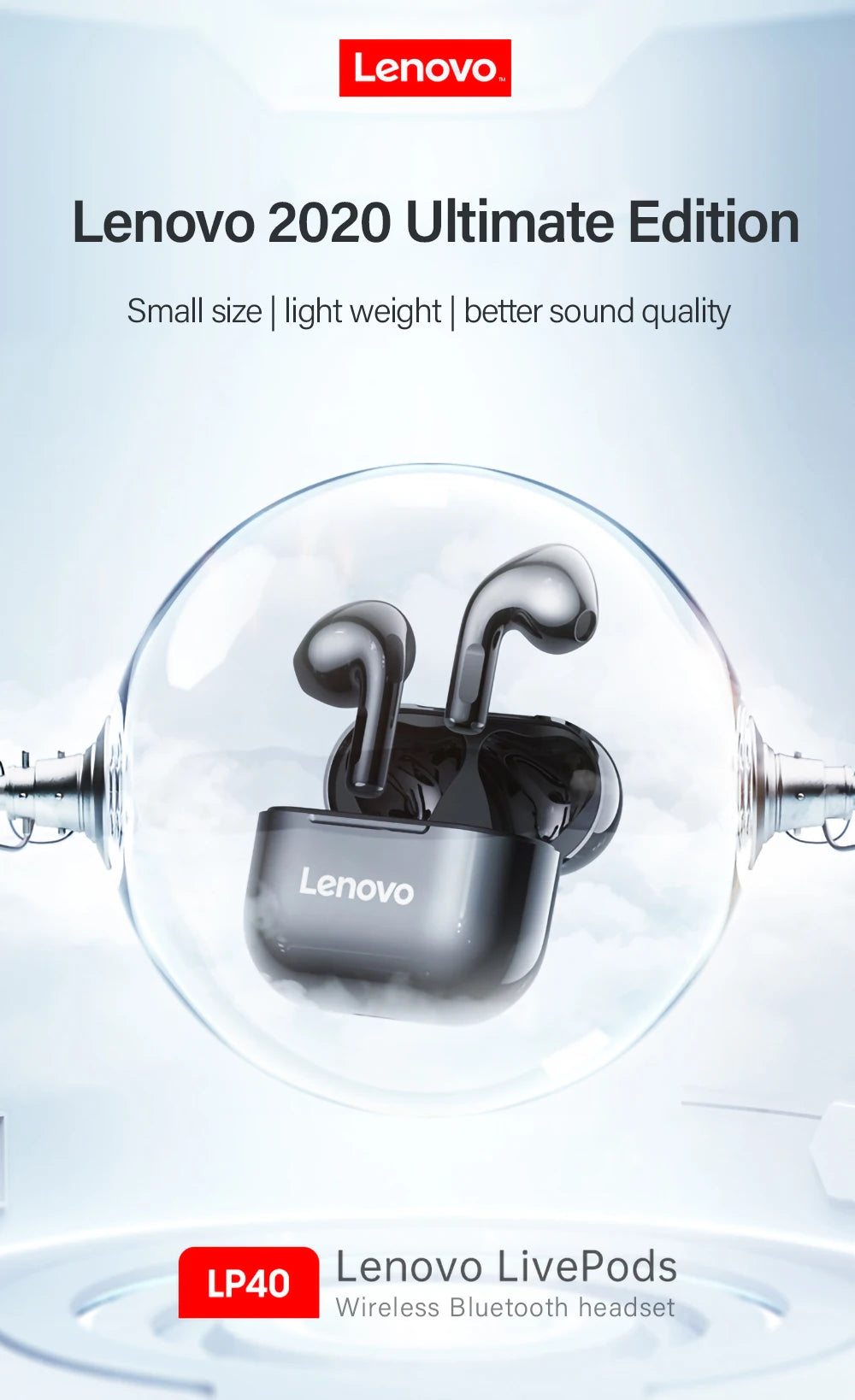 Lenovo LP40PRO/LP40 5pcs Wireless Earphone Bluetooth 5.0 Dual Stereo Noise Reduction Bass Touch Control Long Standby 230mA