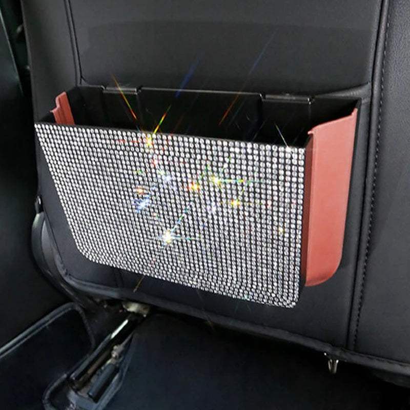Crystal Bling Car Storage Bag Box Seat Back Organizer Box Backseat Holder Multi-Pockets Container Car Stowing Tidy Trash Bin
