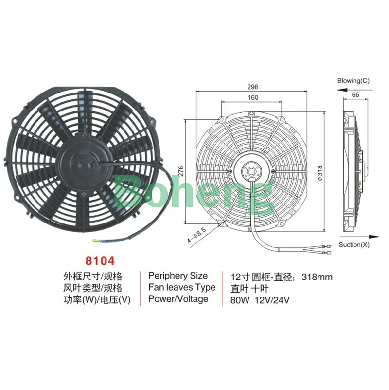 Automobile air conditioner cooling electronic fan,condenser fan 8,9,10,12,14 inches,80W  12v/24V