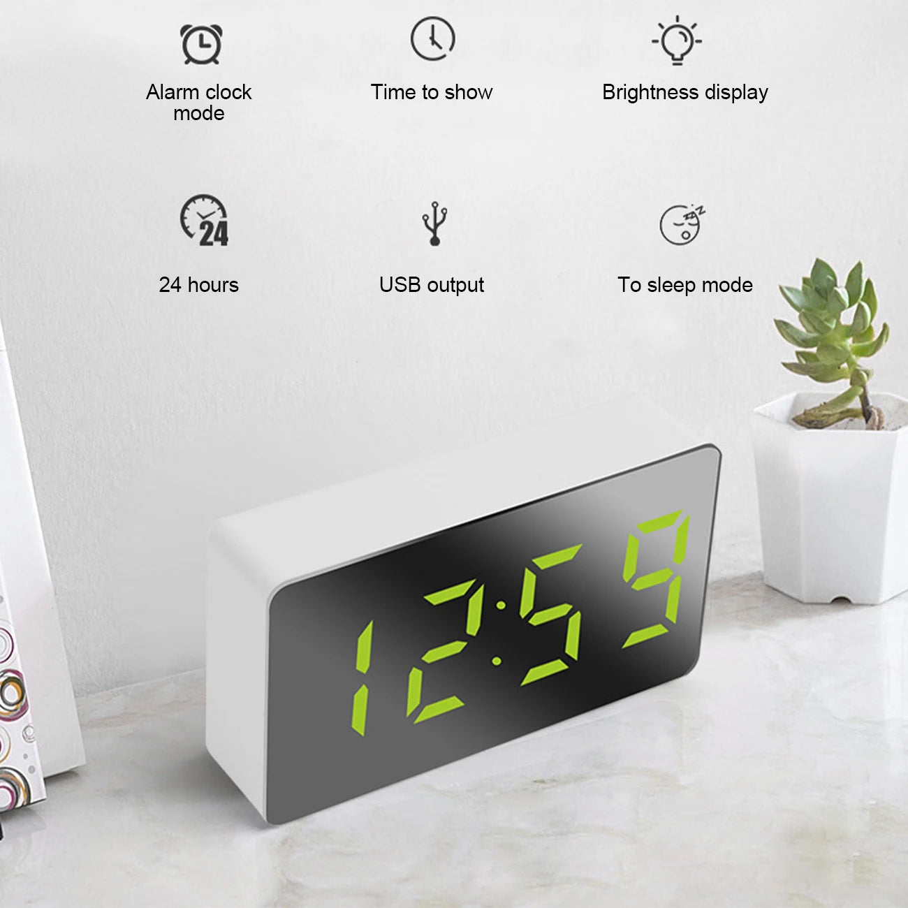 LED Digital Mirror Alarm Clock Mini Clock Multifunctional Snooze Display Time Night LCD Light Table Desktop USB 5v/No Battery