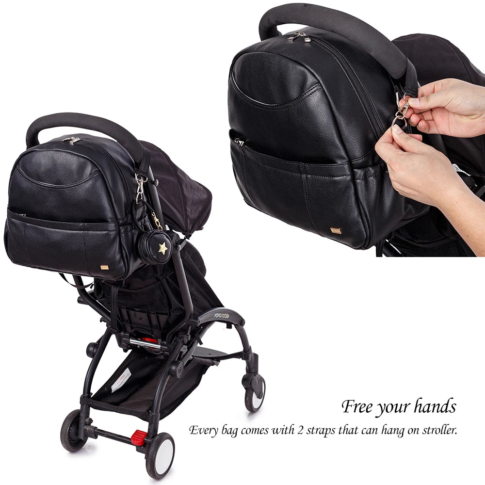 New Fashion PU Black Diaper Backpack for Baby Large Capacity Waterproof Pockets Diaper Bag for Mother Travel Stroller Bag