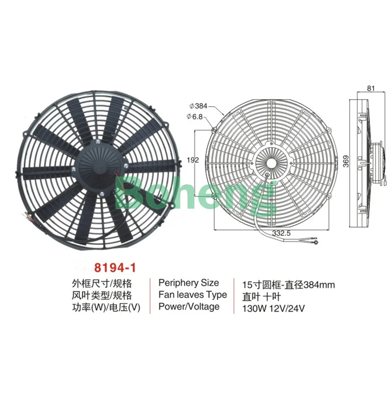 Automobile air conditioner cooling electronic fan,condenser fan 8,9,10,12,14 inches,80W  12v/24V