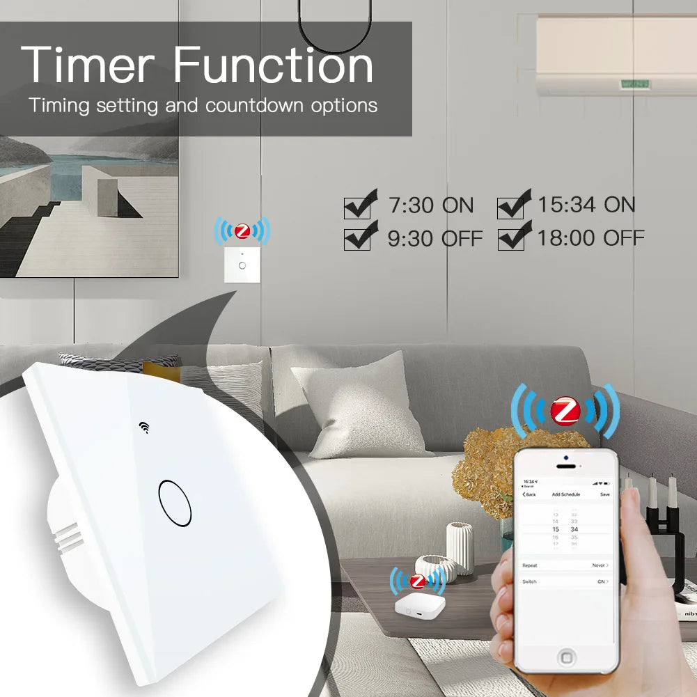 ZigBee Wall Touch Smart Light Switch With Neutral/No Neutral ,No Capacitor Smart Life/Tuya Works with Alexa,Google Hub Required