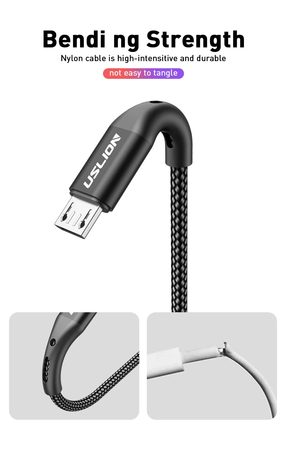 USLION Black Micro USB Cable Fast Charging For Xiaomi Android Mobile Phone Data Cable for Samsung Micro USB Charger Wires 3M/2M