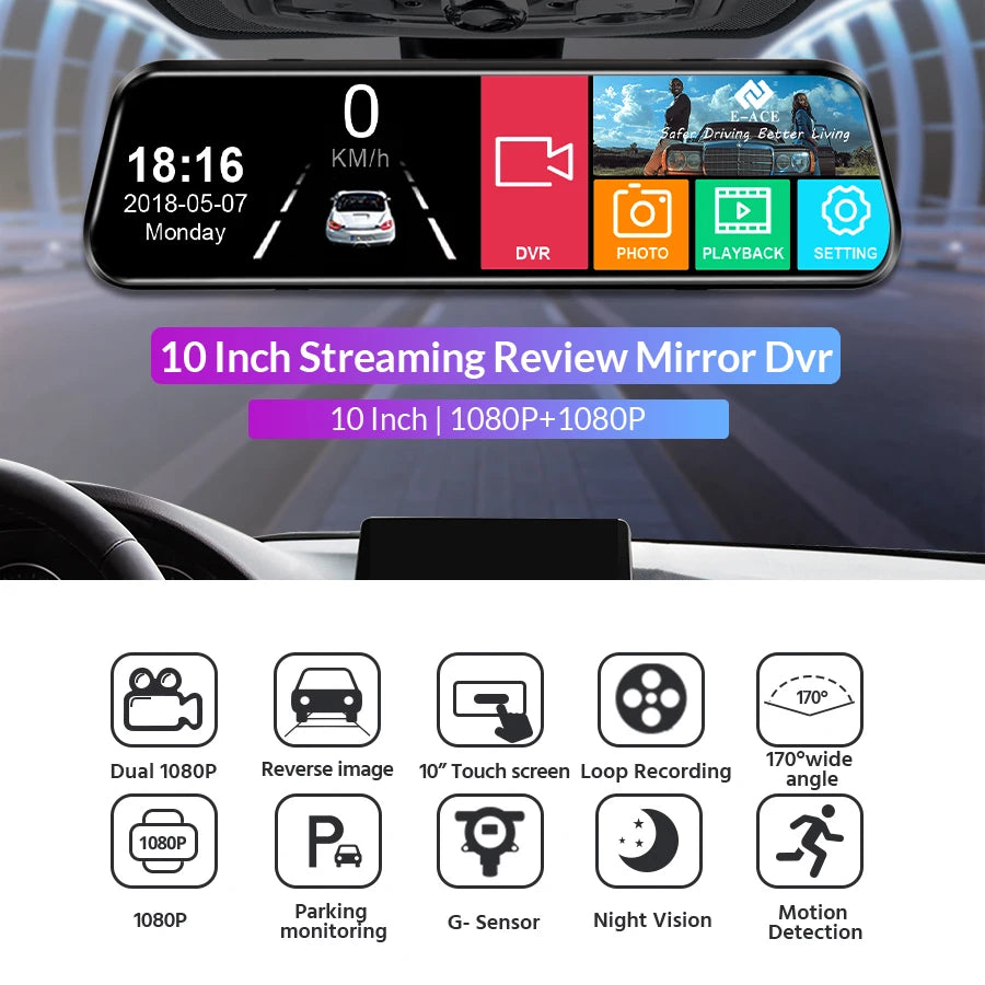 Acceo Car Dvr 10 Inch Touch Screen RearView Mirror Video Recorder Auto Registrar Support Black box Camera Night Vision Dash Cam