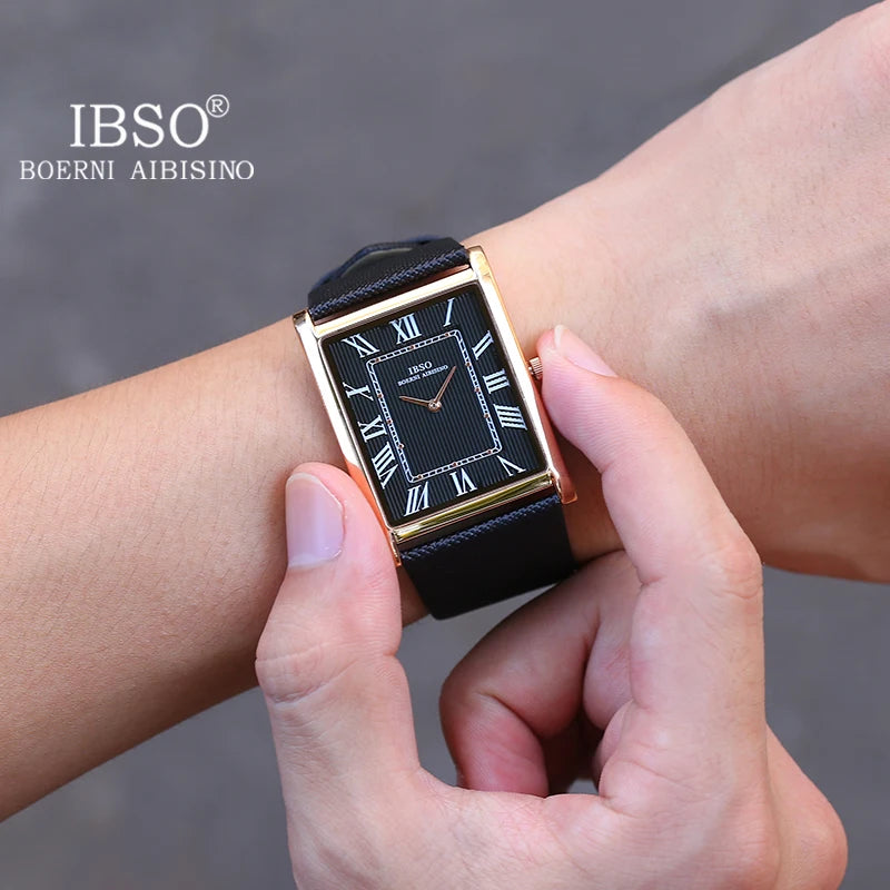 IBSO Ultra-Thin Rectangle Dial Men's Quartz Watch Luxury Business Style Genuine Leather Strap Waterproof New Men WristWatches