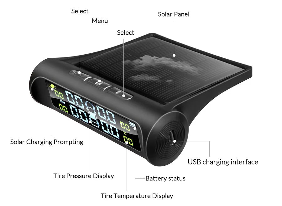 Smart TPMS Car Tire Pressure Alarm Monitor System 4 Sensors Display Solar Intelligent Tyre Pressure Temperature Warning