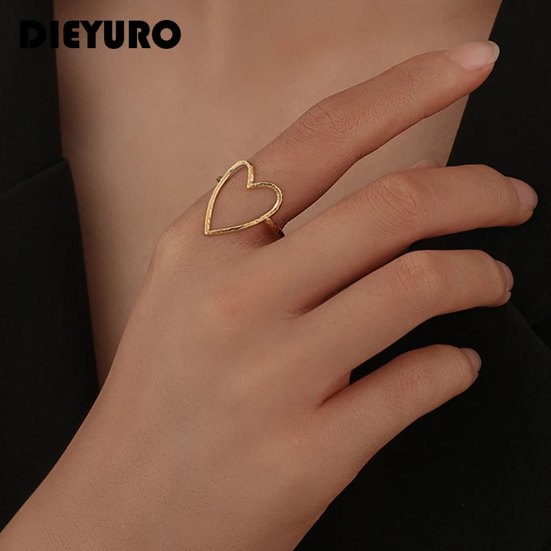 DIEYURO 316L Stainless Steel 2 Colours Love Heart Hollow Ring Fashion Beautiful Woman Exquisite Jewelry Gift For Lovers 2021 New