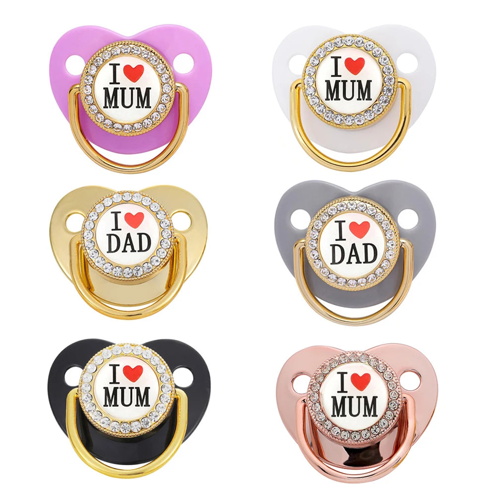 Newborn Pacifier Baby Shower Gift Bling Baby Dummy Silicone BPA Free Infant Nipple New Born Pacifiers For Babies I Love Mum Dad