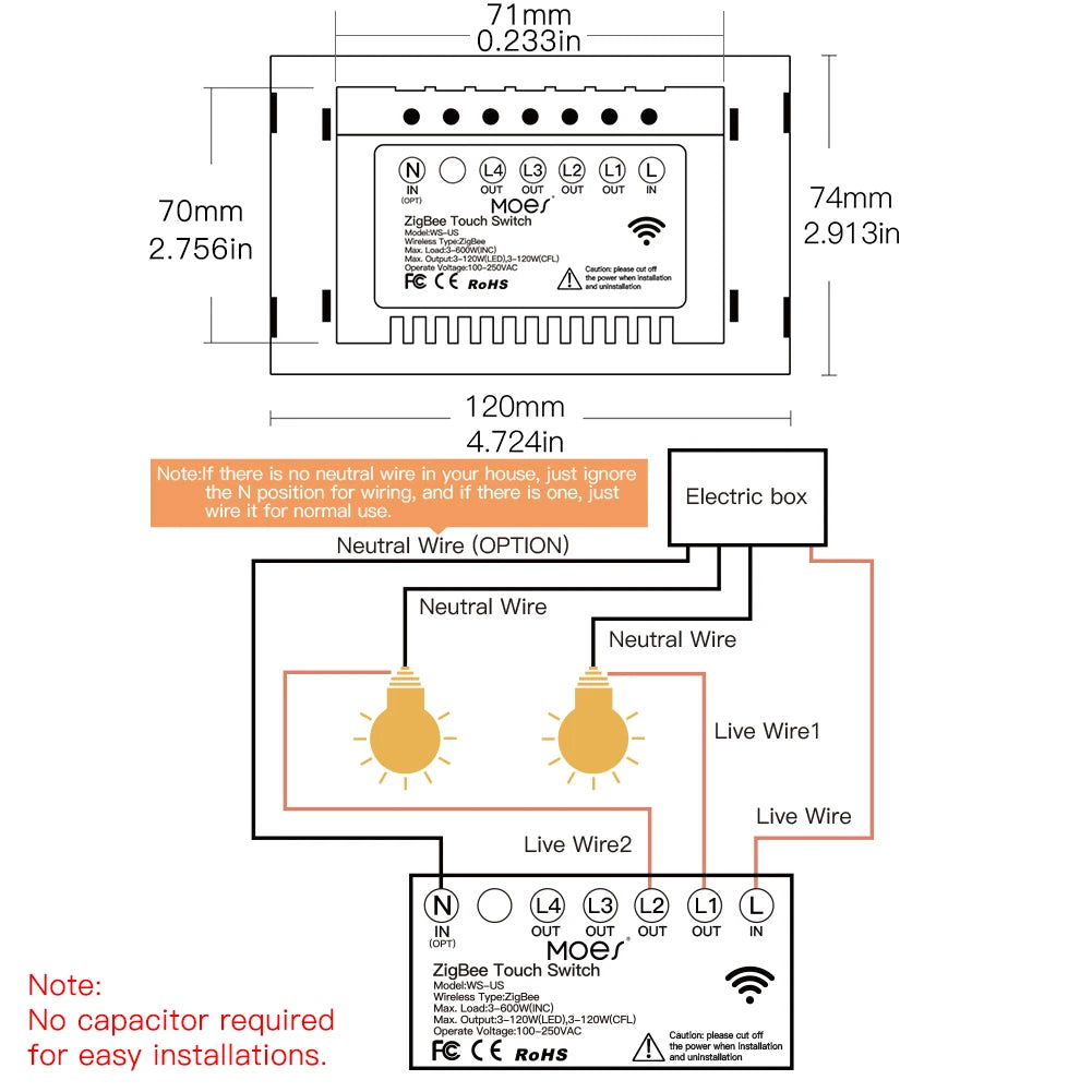 ZigBee Wall Touch Smart Light Switch With Neutral/No Neutral ,No Capacitor Smart Life/Tuya Works with Alexa,Google Hub Required