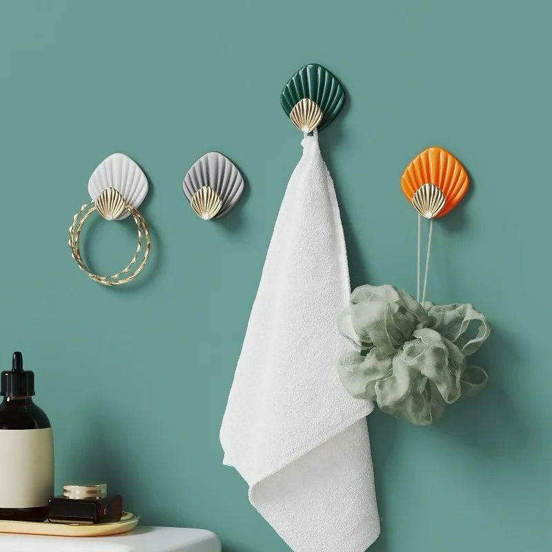 4pcs Creative Shell Shape Wall Hanging Hook Punch-free Strong Adhesive Hook Bathroom Kitchen Wall-mounted Seamless Sticky Hook