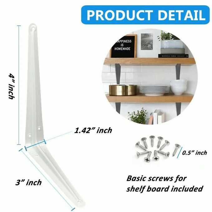 4pcs 4 Inch Shelf Brackets, Heavy Duty L Bracket, Shelf Corner Brace Right Angle Bracket, 3x4 Inch Floating Shelf Wall Mount Bracket (White)