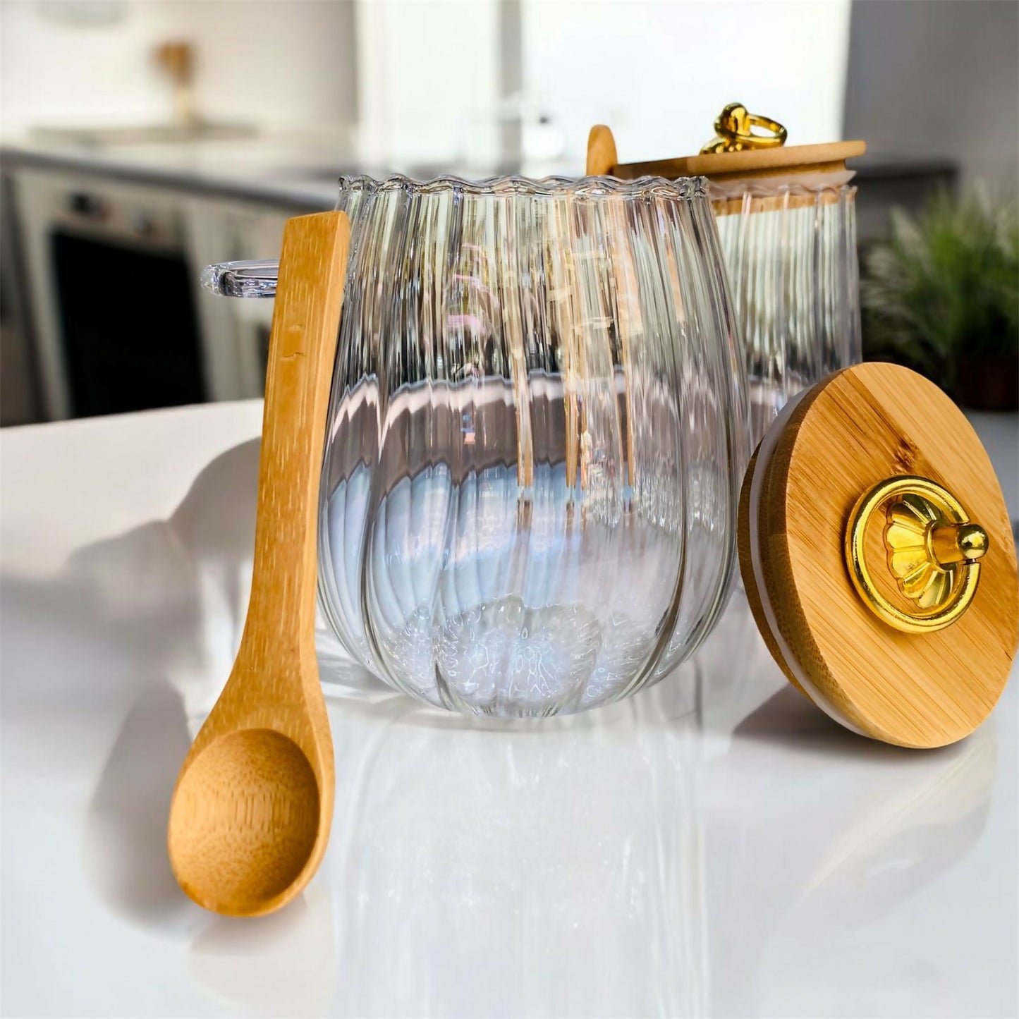 Bamboo lid glass sugar pots1