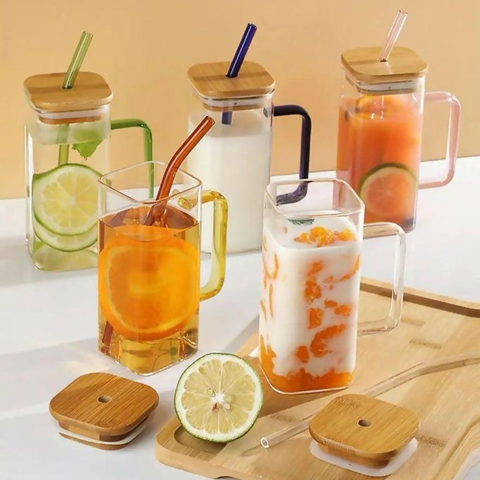 380ml Square smoothie glass cup with bamboo lid and straw