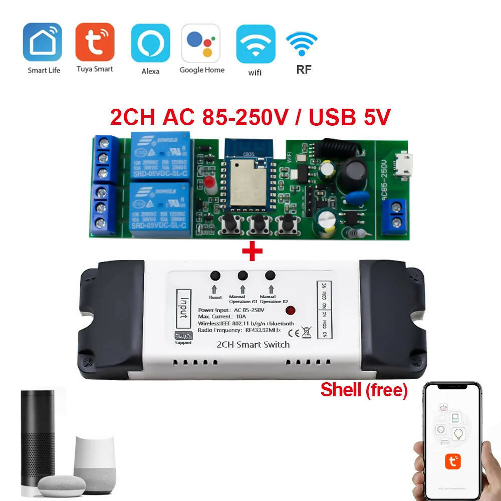 2CH Tuya APP Wifi Wireless DIY Smart Switch Module 433 Remote Control Smart Home Garage Universal Remote Relay Alexa Google Home