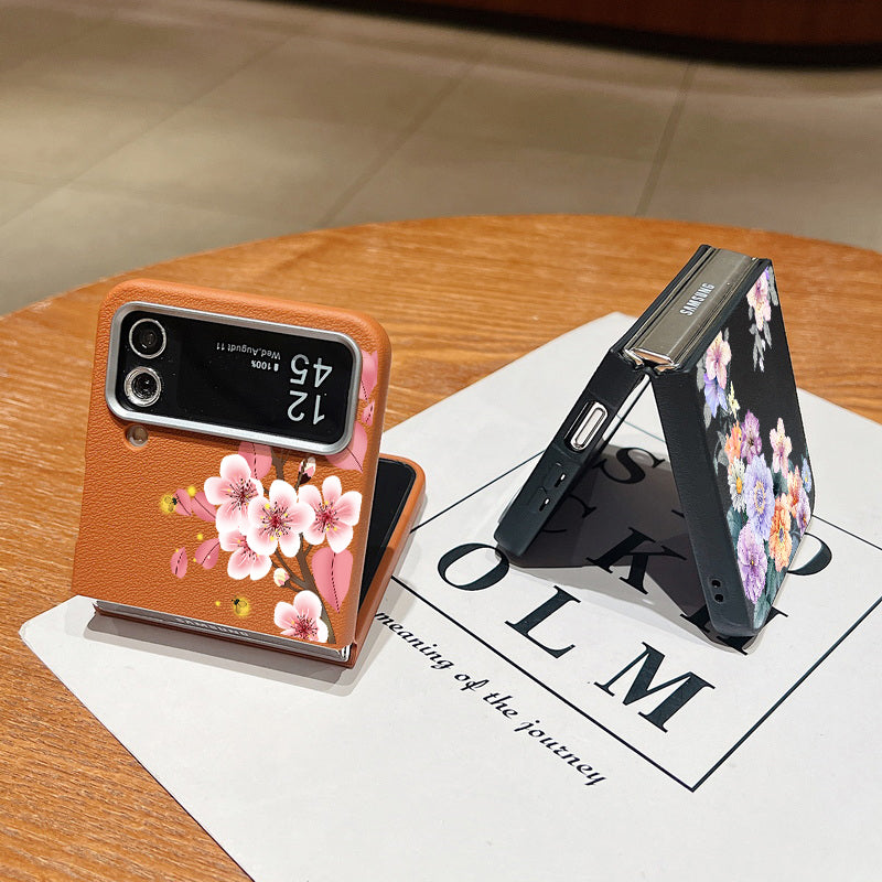For Samsung Galaxy Z Flip 7 FE 6 5 3 4 Leather Texture Phone Case Floral Flower Soft TPU Folding Cover For Samsung Z Flip5 Flip6