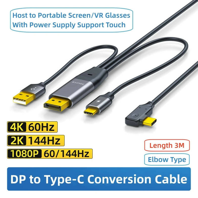 DP to Type-C Connection Cable 2K 4K1080P 60Hz/144Hz HD Converter Audio Video Cable Power Supply for Portable Screen VR Glasses