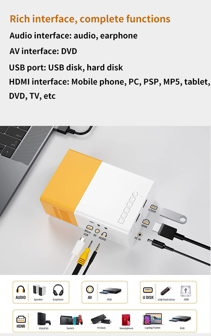 Mini projector 72 - inch screen LED lamp life 30000 hours, support hd, compatible with Android/IOS/Windows/HDTV/USB