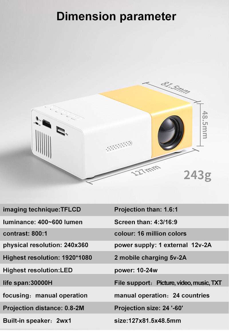 Mini projector 72 - inch screen LED lamp life 30000 hours, support hd, compatible with Android/IOS/Windows/HDTV/USB