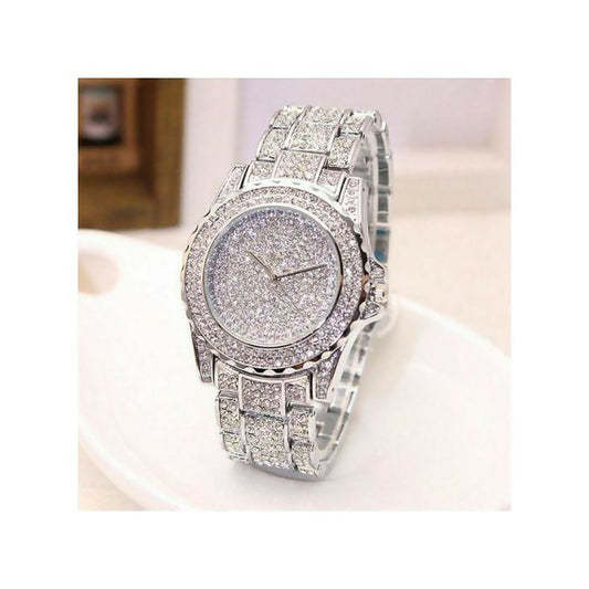 Half-Iced Metal Bracelet Quartz Crystal Silver Diamond-Like Watch