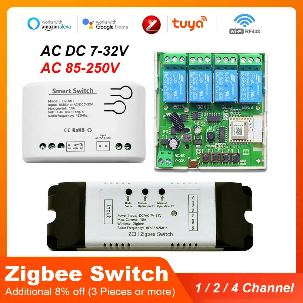 Zigbee Tuya Smart Relay Module Home Automation 1/2/4CH DC5V 7-32V AC 220V RF433Mhz Remote Control Light Switch Work With Alexa