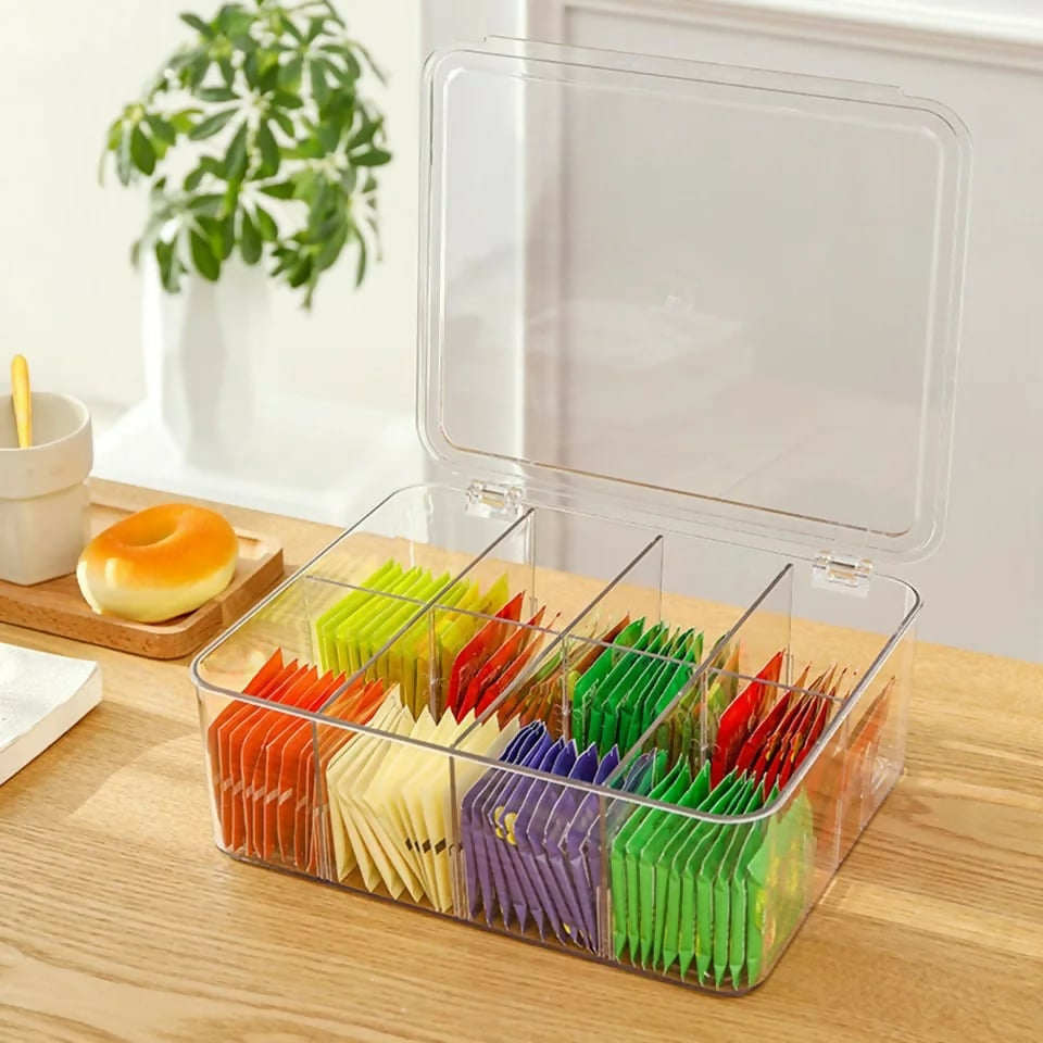 Acrylic Tea Bag Organizer with Lid, Stackable Coffee Partition Box, Office Multi-purpose Storage