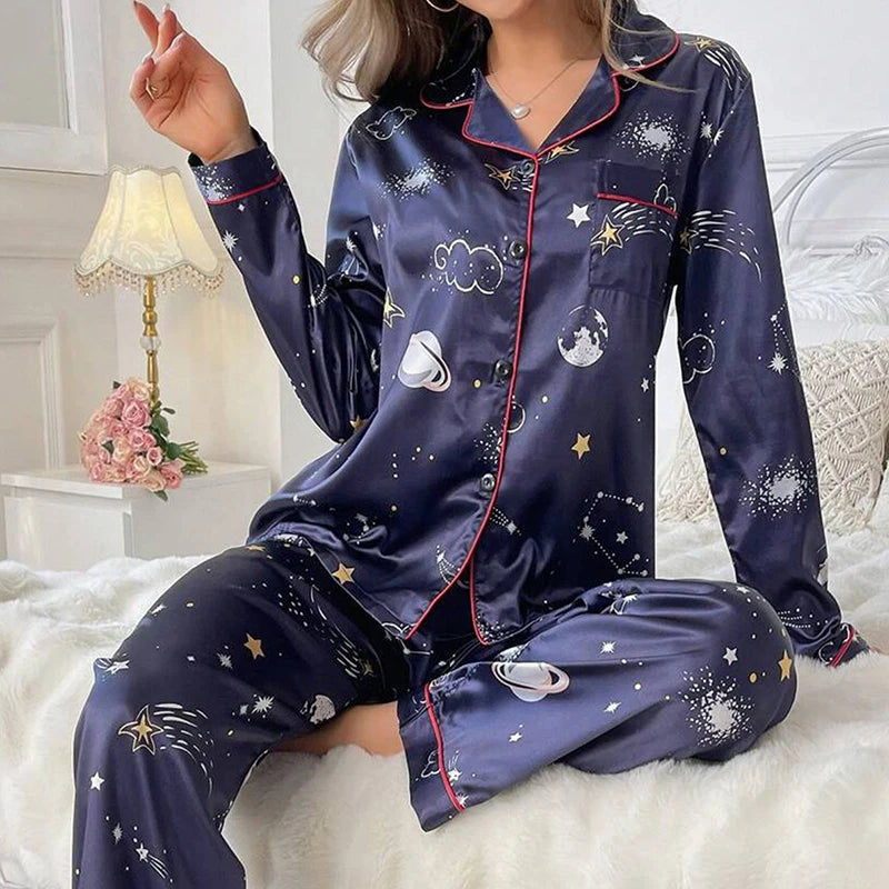 Women's Pajama Lounge Set Satin Long Sleeve Buttons Lapel Top and Pants Pajamas 2 Piece Sets Autumn Lady Sleepwear Home Clothing