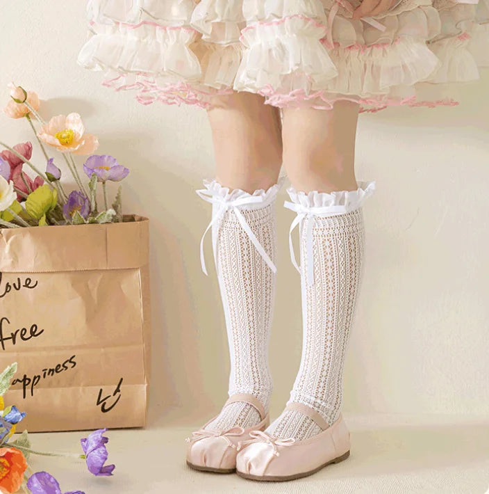 Girls Long Tube Lace Stockings Sweet Bow Pattern Mesh Sock Baby Girl Ballet Fishing Net Frilly Socks Lolita Leggings