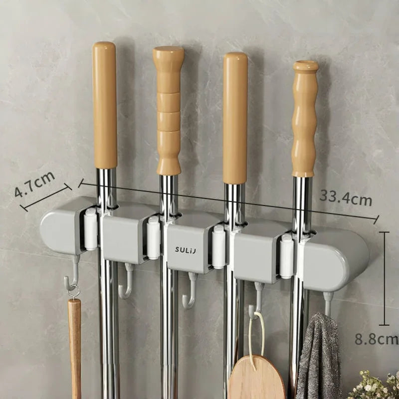 Broom Mop Holder with Hooks Wall Mounted Broom Storage Rack No Drilling Self-Adhesive Kitchens Organizer Multifunction Holder