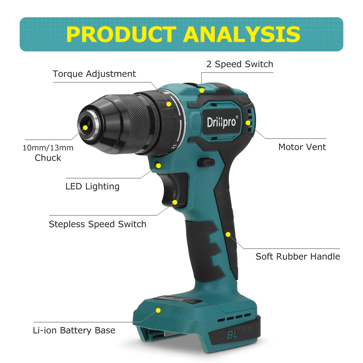 Drillpro 10/13mm Rechargeable Electric Screwdriver Cordless Drill Brushless Handheld Power Tool For Makita 18V Battery