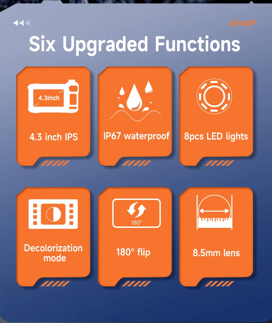 Industrial Endoscope Camera 4.3inch IPS Screen Sewer Pipe Inspection Camera for Car Repair IP67 Waterproof Probe Borescope