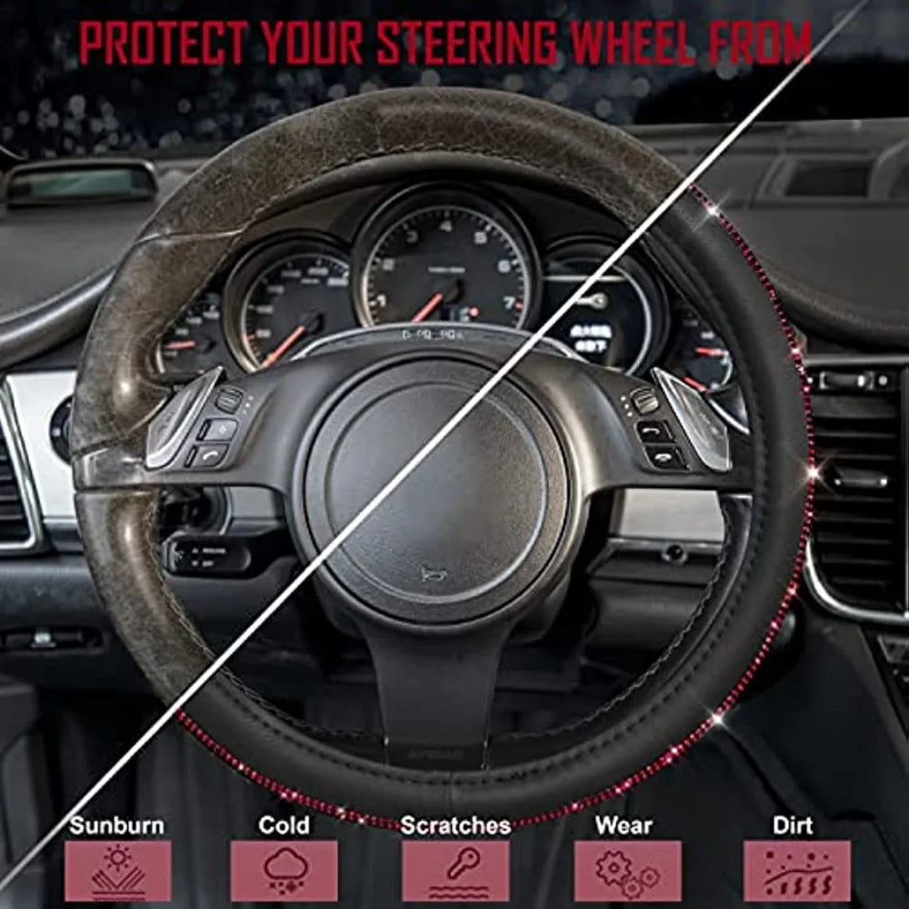 38cm CAR PASS Red Diamond Black Leather Steering Wheel Cover With Bling Crystal Rhinestones Universal