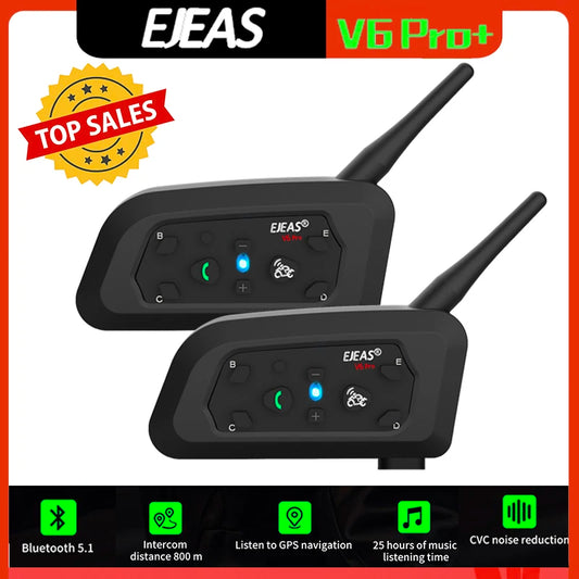 EJEAS V6 PRO+ Motorcycle Helmet Intercom Bluetooth Headset 6 Riders Communicator Waterproof V5.1 Music Player 800m Interphone