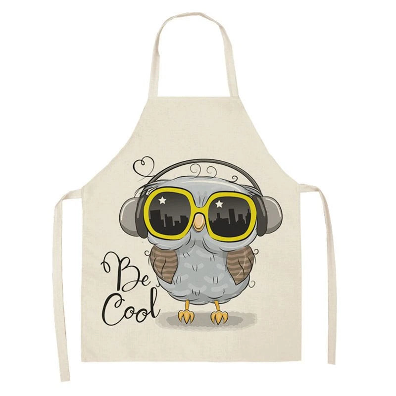 Owl Sleeveless Chef Apron Linen Floral Print Kitchen Decoration Apron Women'S Home Cooking Baked Waist Bib